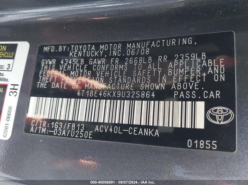 2009 Toyota Camry Se/Le/Xle VIN: 4T1BE46KX9U325864 Lot: 40056891