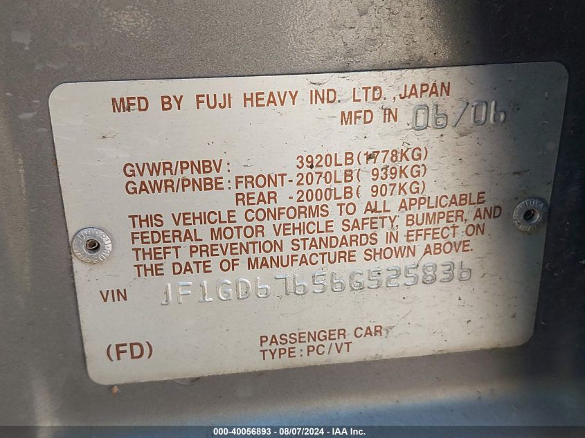 2006 Subaru Impreza 2.5I VIN: JF1GD67656G525836 Lot: 40056893