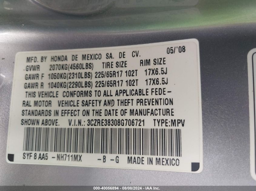 2008 Honda Cr-V Lx VIN: 3CZRE38308G706721 Lot: 40056894