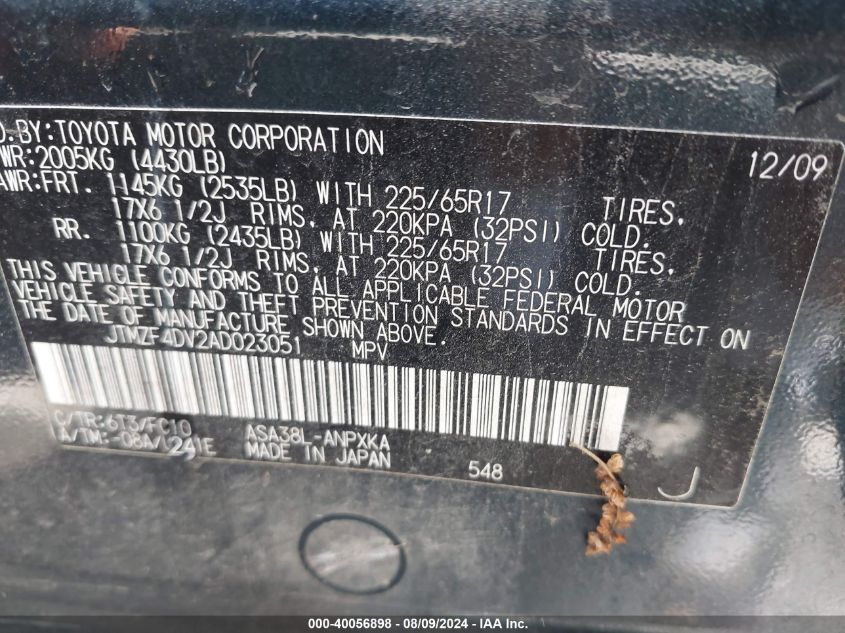 2010 Toyota Rav4 VIN: JTMZF4DV2AD023051 Lot: 40056898