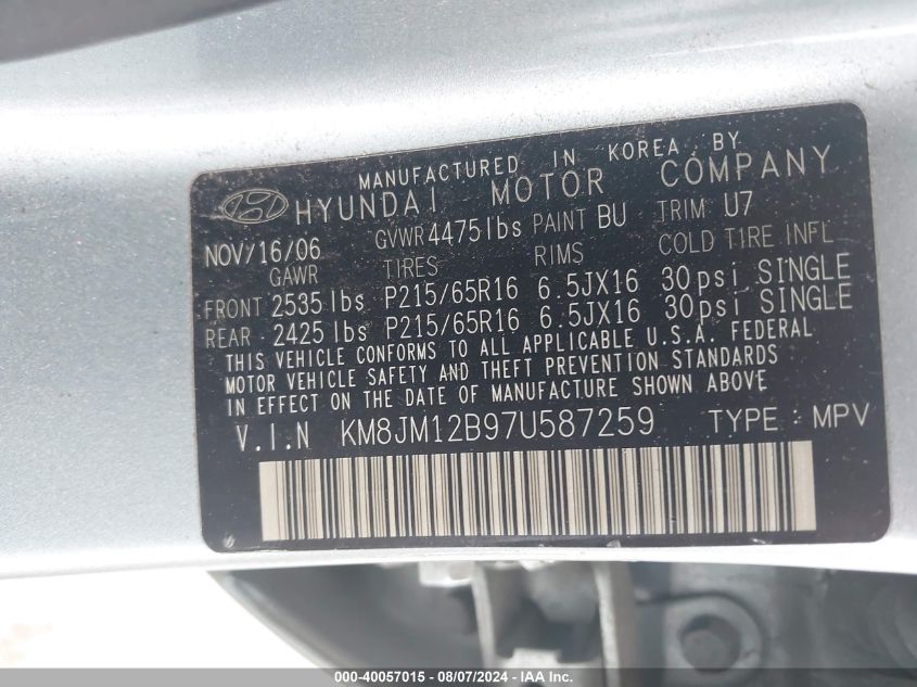 2007 Hyundai Tucson Gls VIN: KM8JM12B97U587259 Lot: 40057015