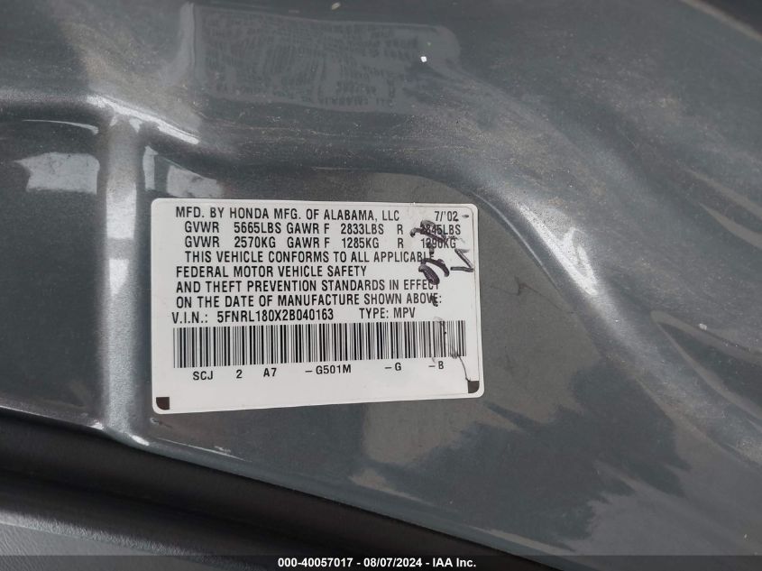 2002 Honda Odyssey Ex-L VIN: 5FNRL180X2B040163 Lot: 40057017