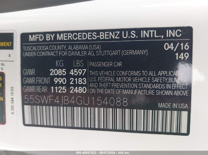 2016 Mercedes-Benz C 300 Luxury/Sport VIN: 55SWF4JB4GU154088 Lot: 40057023