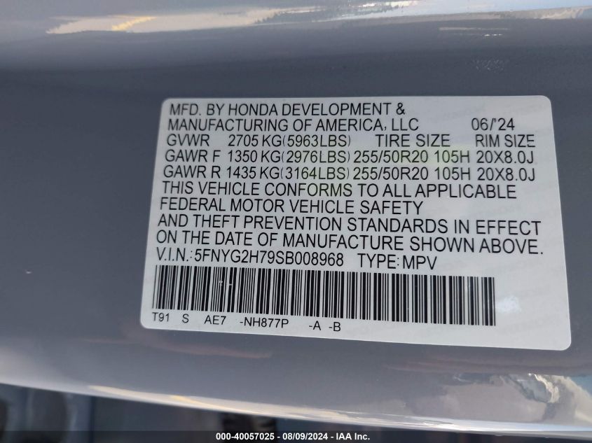 2025 Honda Pilot 2Wd Touring VIN: 5FNYG2H79SB008968 Lot: 40057025