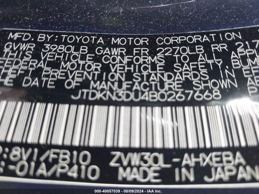 2011 Toyota Prius Two VIN: JTDKN3DU4B0267668 Lot: 40057039