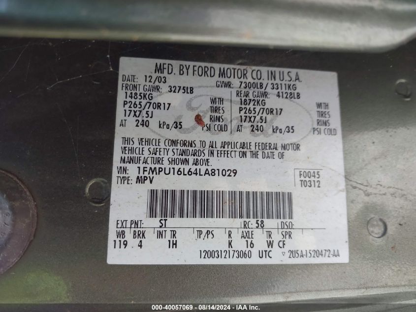 2004 Ford Expedition Nbx/Xlt VIN: 1FMPU16L64LA81029 Lot: 40057069