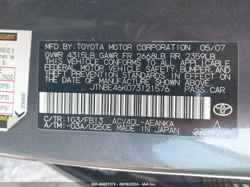 2007 Toyota Camry Le VIN: JTNBE46K073121576 Lot: 40057070