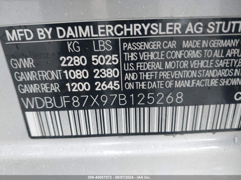 2007 Mercedes-Benz E 350 4Matic VIN: WDBUF87X97B125268 Lot: 40057072