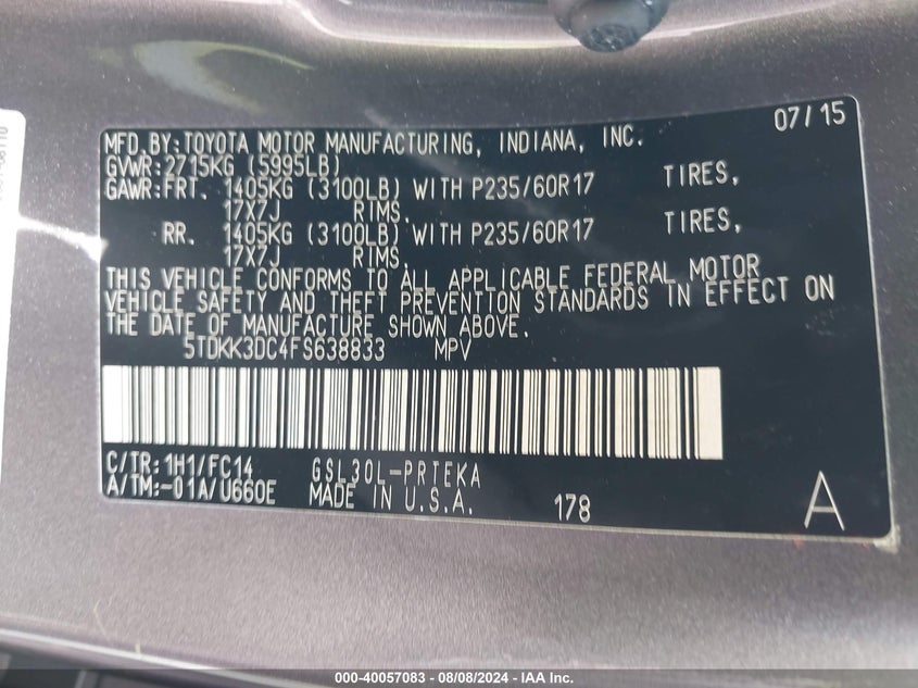 2015 Toyota Sienna Le 8 Passenger VIN: 5TDKK3DC4FS638833 Lot: 40057083