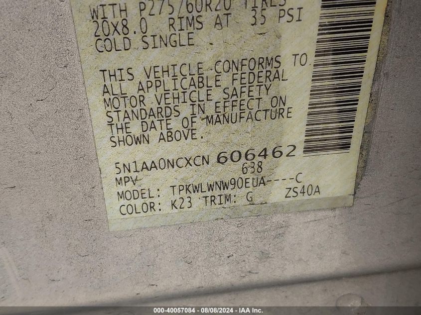 2012 Nissan Armada Platinum VIN: 5N1AA0NCXCN606462 Lot: 40057084