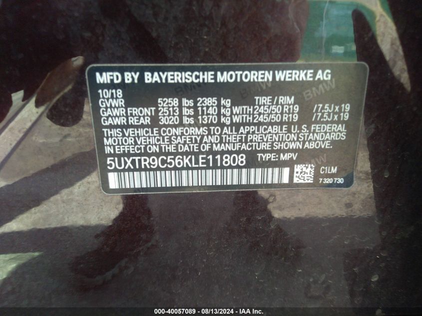 2019 BMW X3 xDrive30I VIN: 5UXTR9C56KLE11808 Lot: 40057089