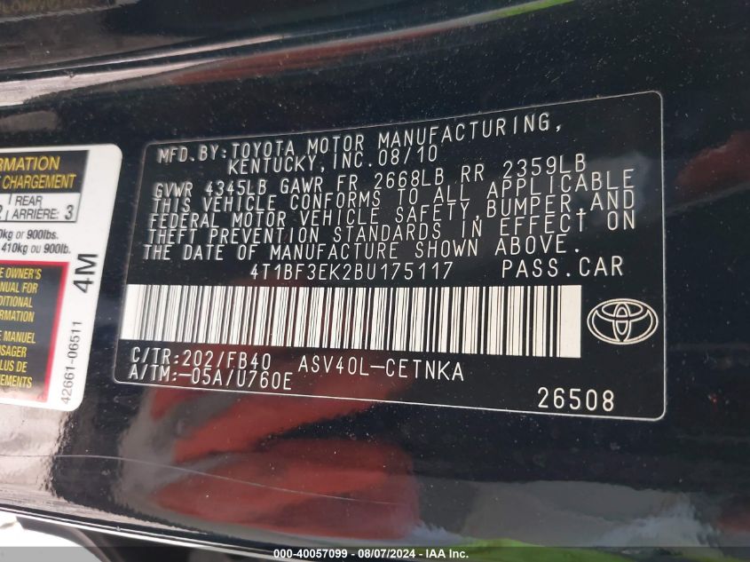 4T1BF3EK2BU175117 | 2011 TOYOTA CAMRY