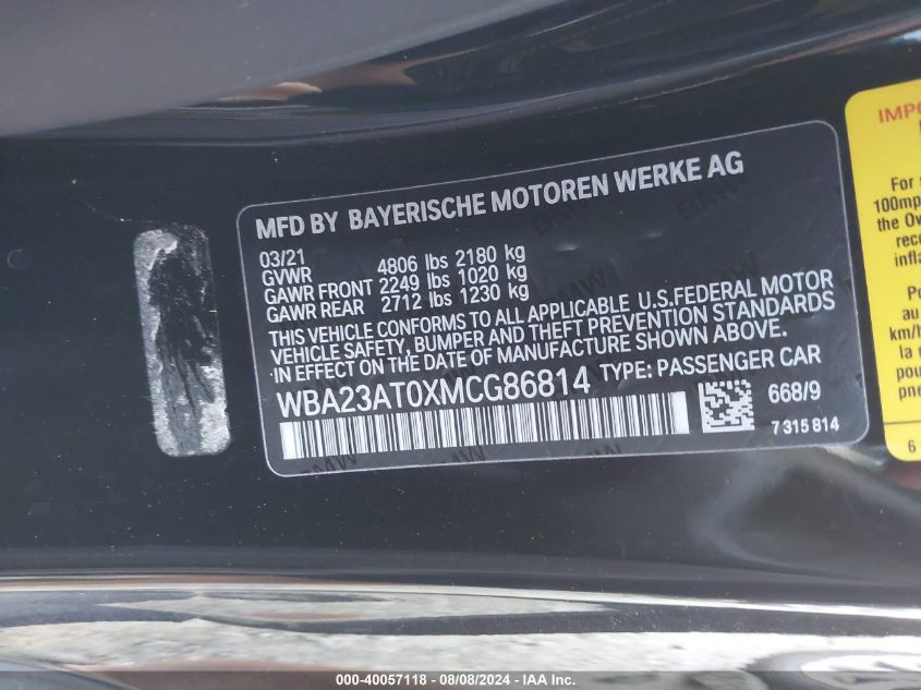 2021 BMW 430I VIN: WBA23AT0XMCG86814 Lot: 40057118