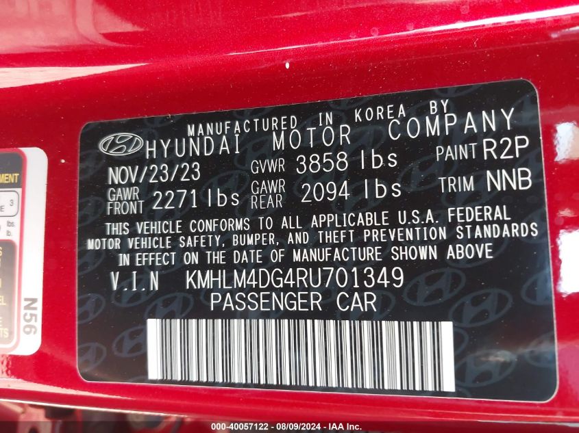 2024 Hyundai Elantra Sel VIN: XKMHLM4DG4RU70134 Lot: 40057122