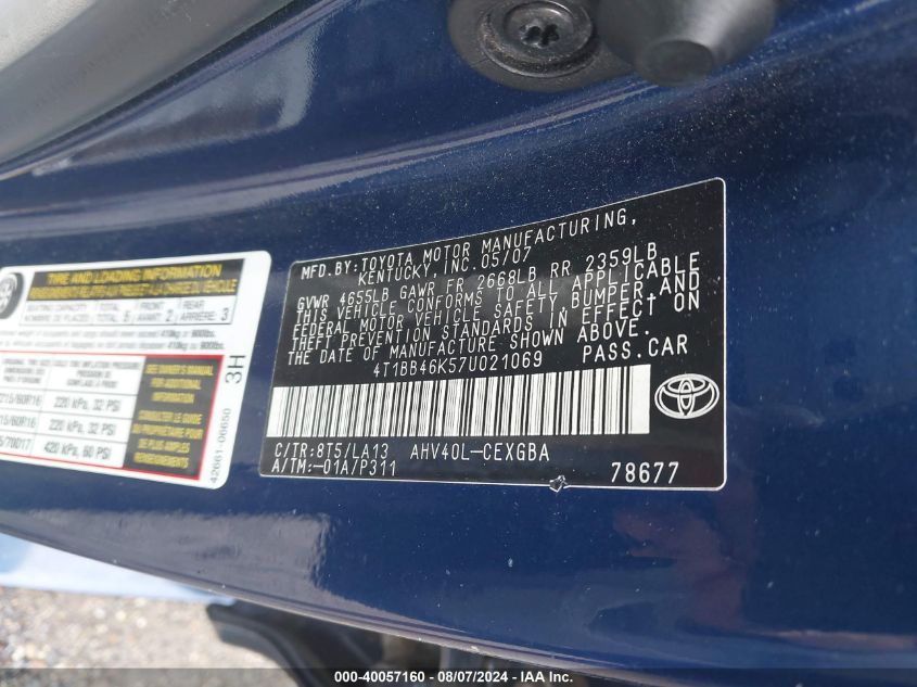 2007 Toyota Camry Hybrid VIN: 4T1BB46K57U021069 Lot: 40057160