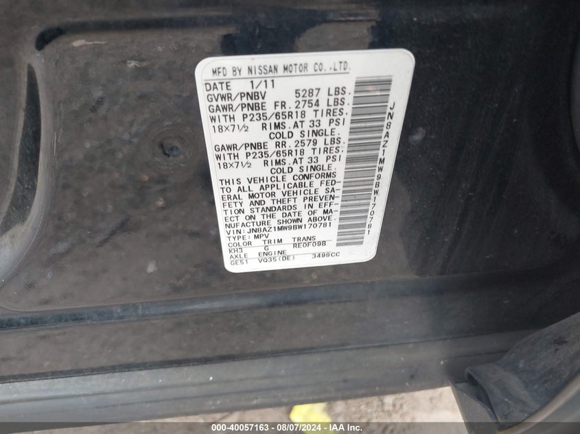 2011 Nissan Murano Sl VIN: JN8AZ1MW9BW170781 Lot: 40057163