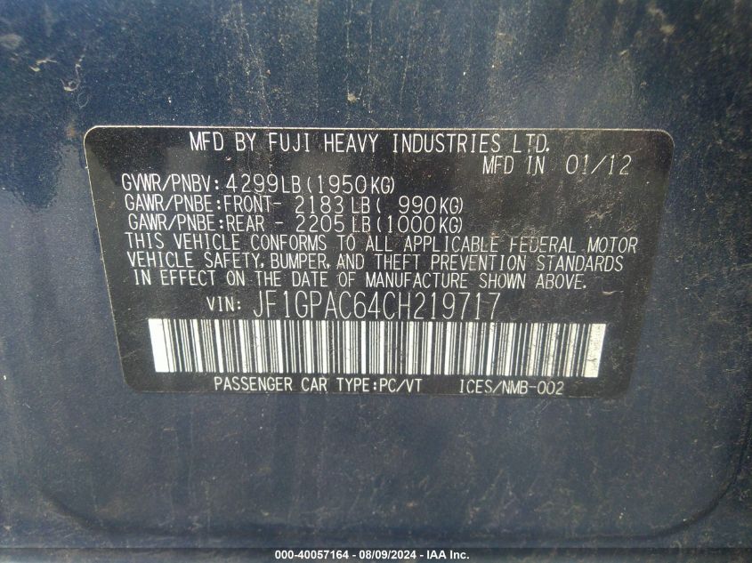 2012 Subaru Impreza Premium VIN: JF1GPAC64CH219717 Lot: 40057164