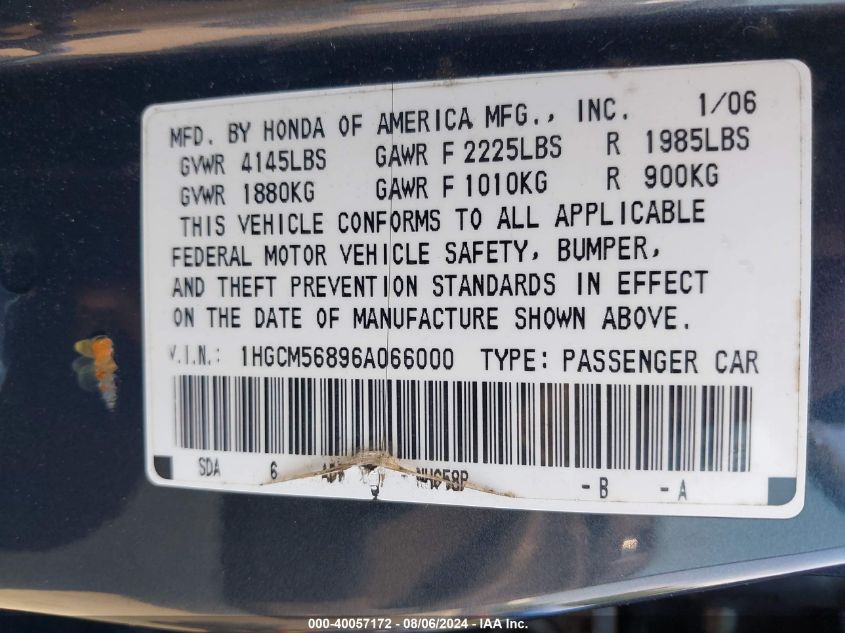 2006 Honda Accord 2.4 Ex VIN: 1HGCM56896A066000 Lot: 40057172