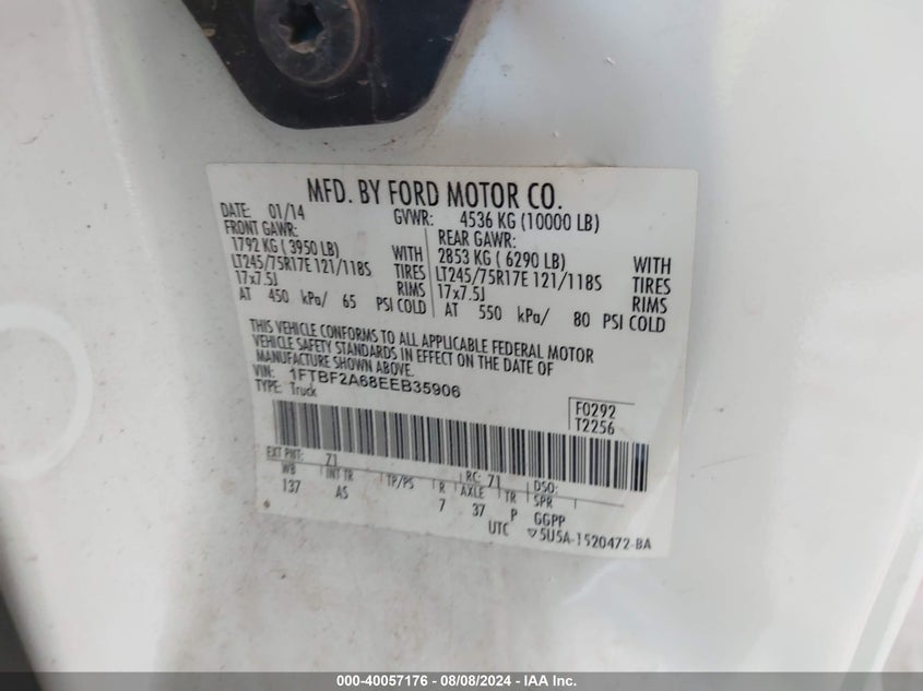2014 Ford F250 Super Duty VIN: 1FTBF2A68EEB35906 Lot: 40057176