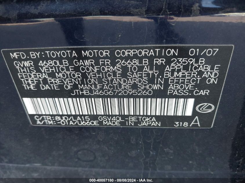 JTHBJ46G672095260 2007 Lexus Es 350