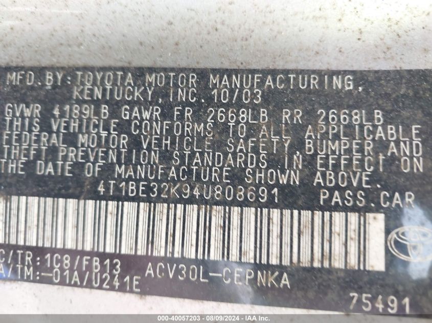 2004 Toyota Camry Le/Xle/Se VIN: 4T1BE32K94U808691 Lot: 40057203