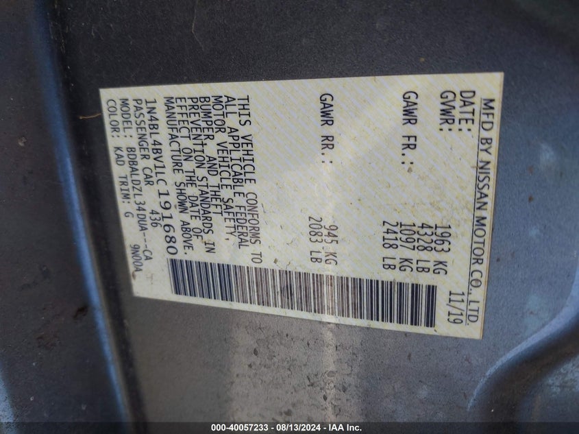 2020 Nissan Altima S Fwd VIN: 1N4BL4BV1LC191680 Lot: 40057233