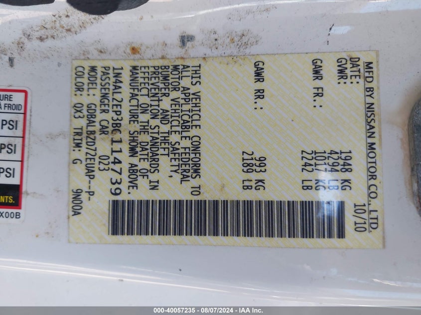 2011 Nissan Altima 2.5 S VIN: 1N4AL2EP3BC114739 Lot: 40057235