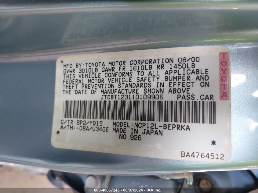 2001 Toyota Echo VIN: JTDBT123110109906 Lot: 40057245