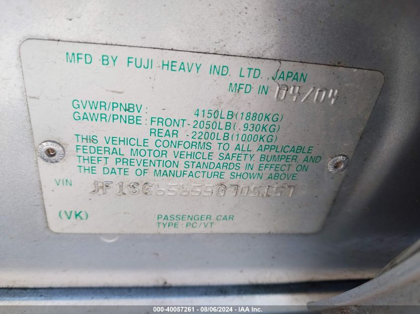 2005 Subaru Forester 2.5Xs VIN: JF1SG65655G705157 Lot: 40057261