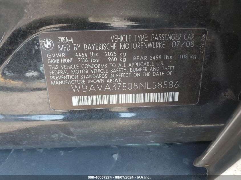 2008 BMW 328I I VIN: WBAVA37508NL58586 Lot: 40057274