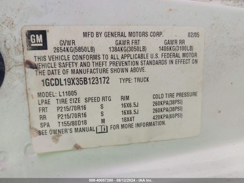 2005 Chevrolet Astro VIN: 1GCDL19X35B123172 Lot: 40057280