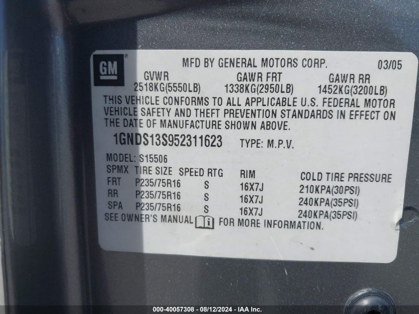 2005 Chevrolet Trailblazer Ls VIN: 1GNDS13S952311623 Lot: 40057308