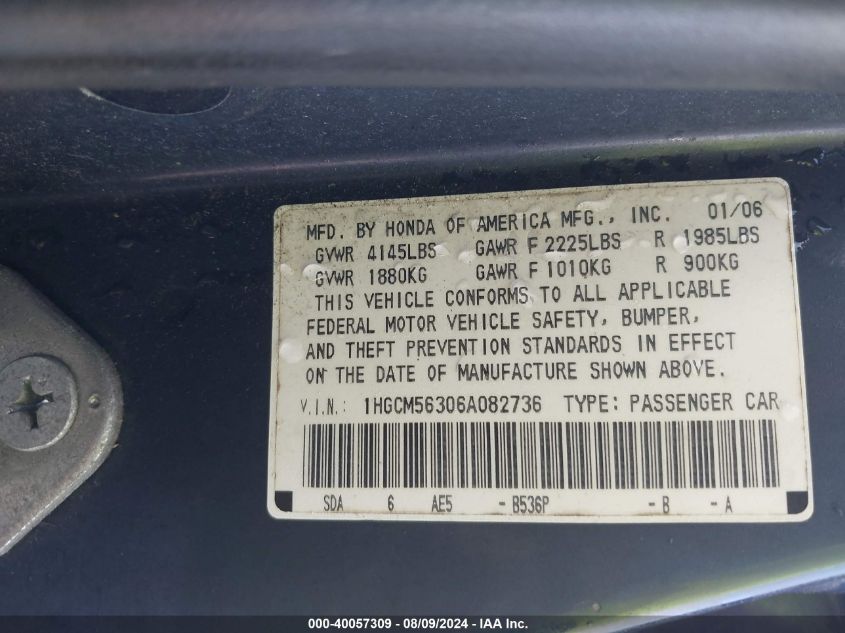 2006 Honda Accord VIN: 18GCM56306A082736 Lot: 40057309