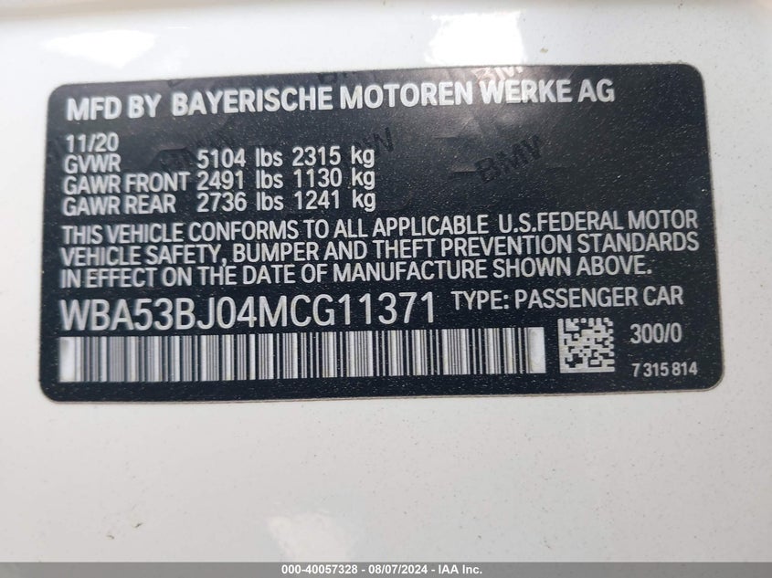 2021 BMW 5 SERIES VIN: WBA53BJ04MCG11371
