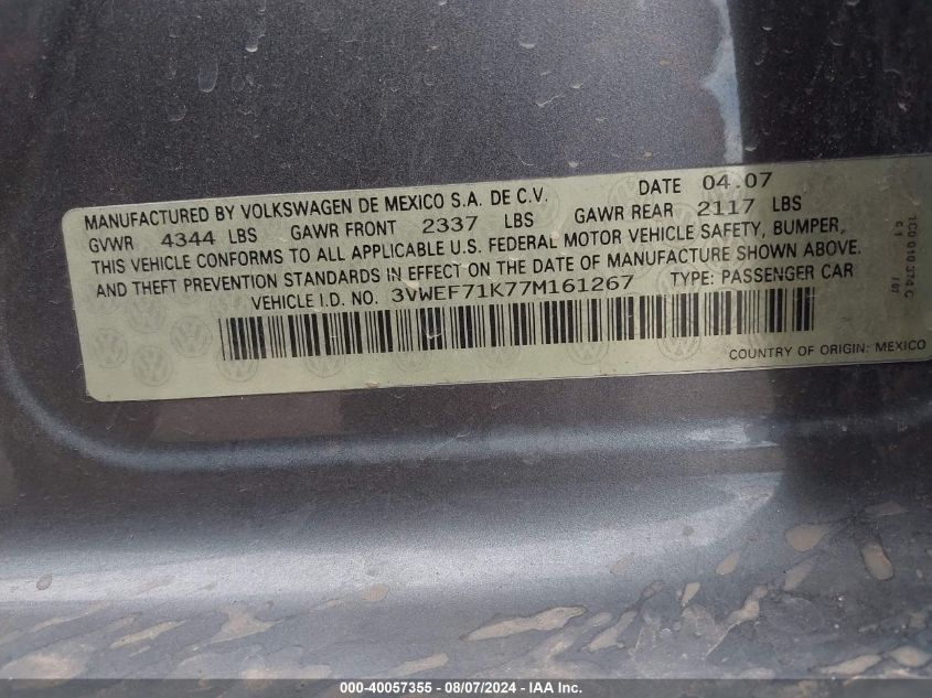 2007 Volkswagen Jetta Wolfsburg VIN: 3VWEF71K77M161267 Lot: 40057355