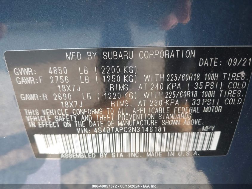 2022 Subaru Outback Touring VIN: 4S4BTAPC2N3146181 Lot: 40057372