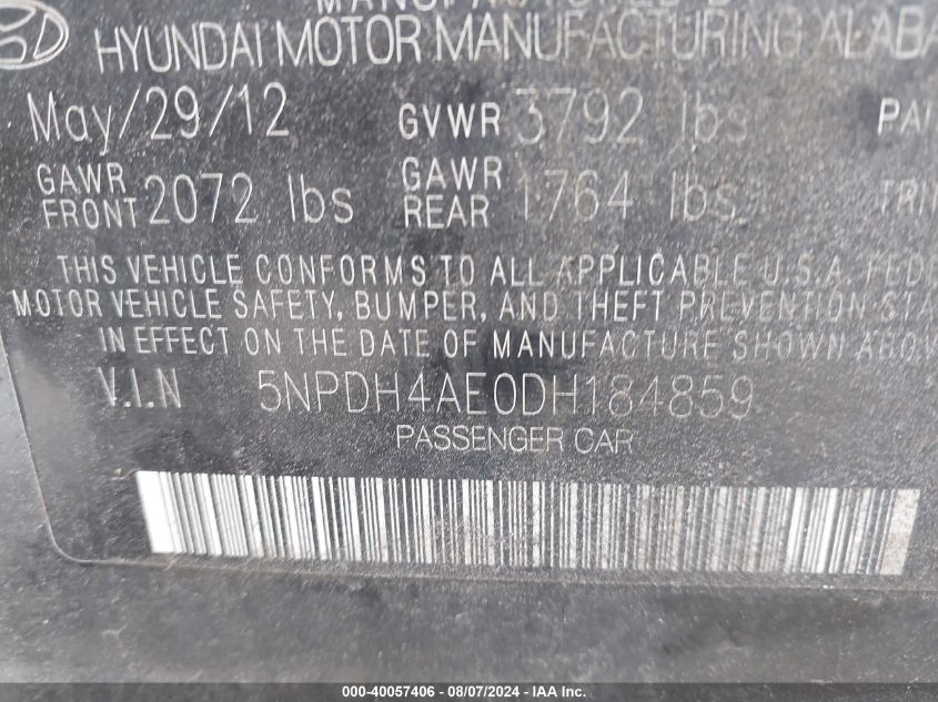 2013 HYUNDAI ELANTRA LIMITED - 5NPDH4AE0DH184859