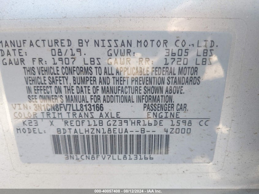 2020 NISSAN VERSA SR - 3N1CN8FV7LL813166