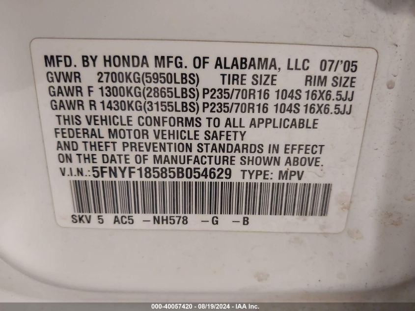 2005 Honda Pilot Ex-L VIN: 5FNYF18585B054629 Lot: 40057420