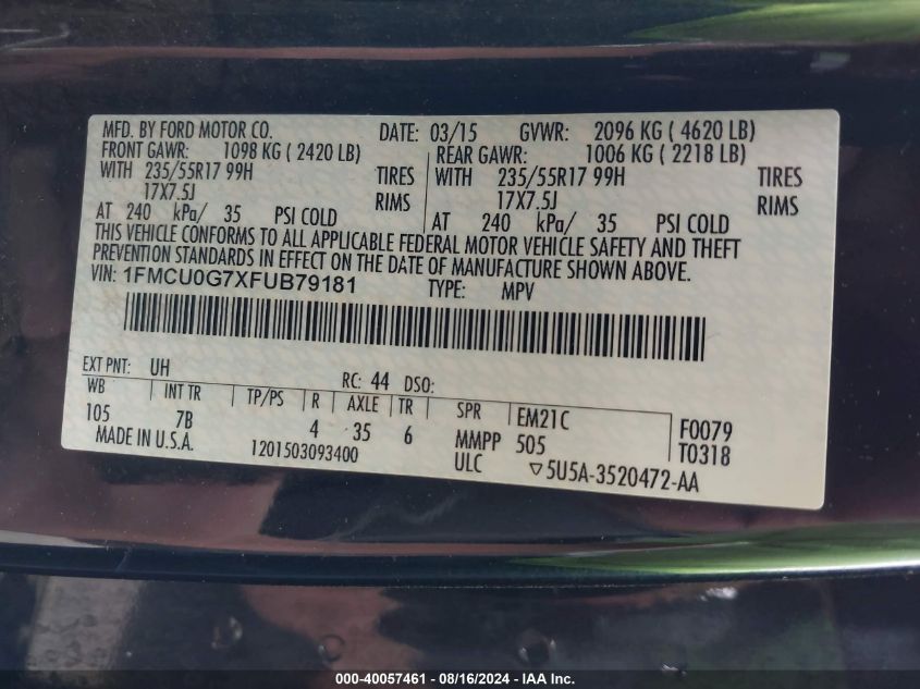 2015 Ford Escape Se VIN: 1FMCU0G7XFUB79181 Lot: 40057461