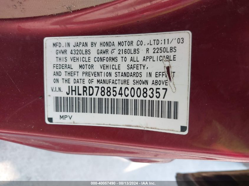 2004 Honda Cr-V Ex VIN: JHLRD78854C008357 Lot: 40057490