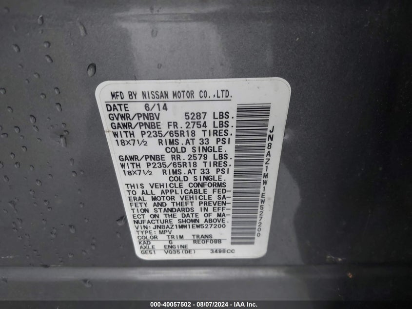 2014 Nissan Murano S VIN: JN8AZ1MW1EW527200 Lot: 40085249