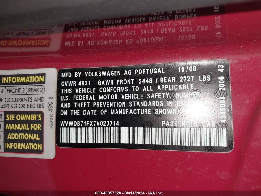 2007 Volkswagen Eos 3.2L VIN: WVWDB71FX7V020714 Lot: 40057528