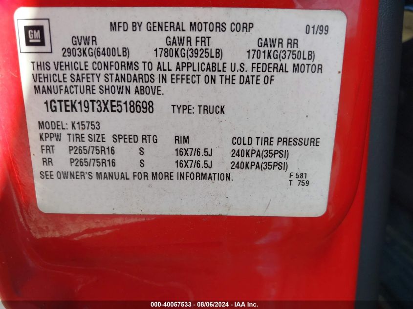 1999 GMC Sierra 1500 Sle VIN: 1GTEK19T3XE518698 Lot: 40057533