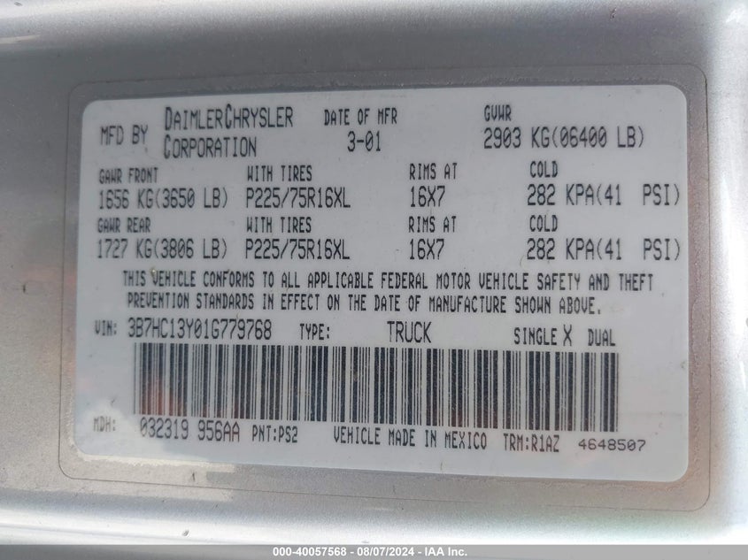 2001 Dodge Ram 1500 St VIN: 3B7HC13Y01G779768 Lot: 40057568