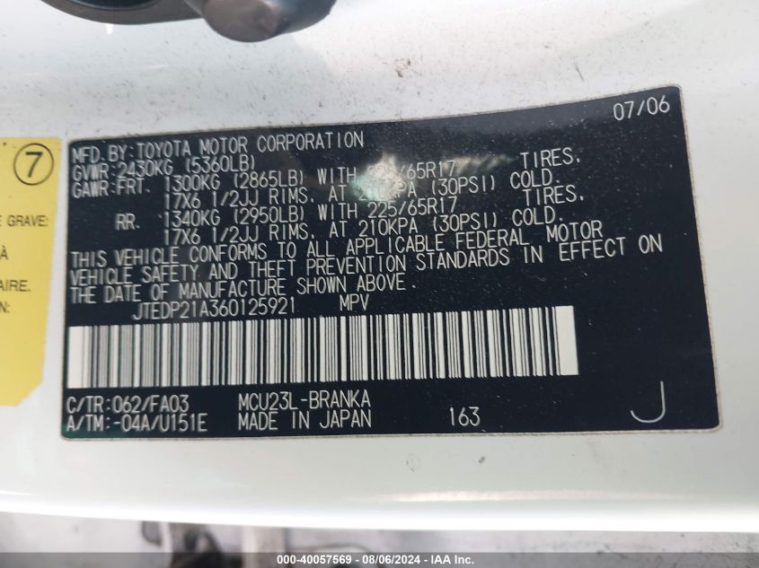 2006 Toyota Highlander Sport V6 VIN: JTEDP21A360125921 Lot: 40057569