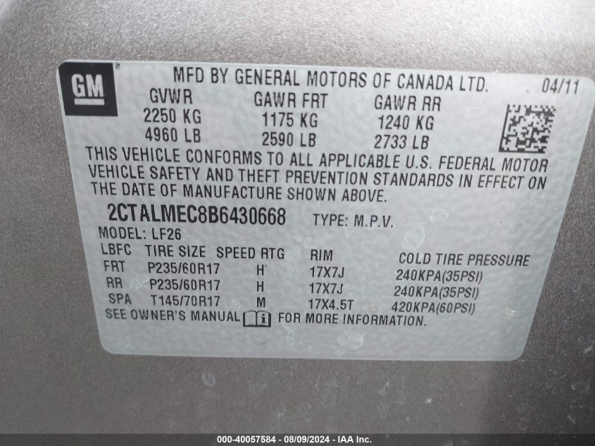 2011 GMC Terrain Sle-1 VIN: 2CTALMEC8B6430668 Lot: 40057584