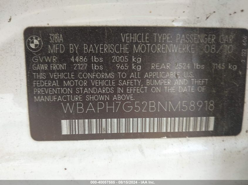 2011 BMW 328I VIN: WBAPH7G52BNM58918 Lot: 40057585