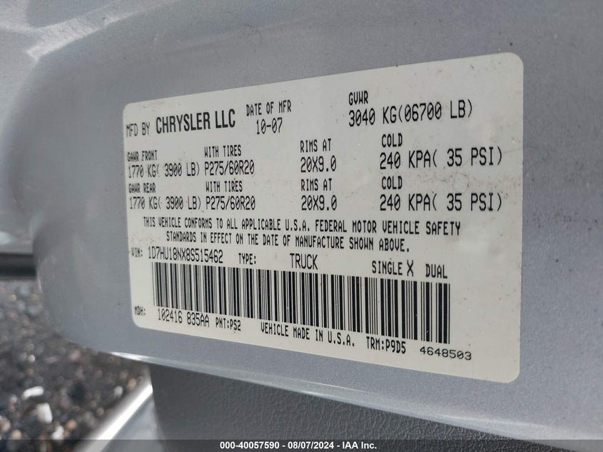 2008 Dodge Ram 1500 Slt VIN: 1D7HU18NX8S515462 Lot: 40057590