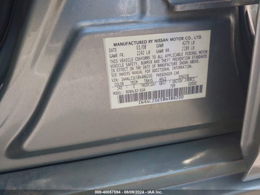 2008 Nissan Altima 2.5 S VIN: 1N4AL21E58N486200 Lot: 40057594